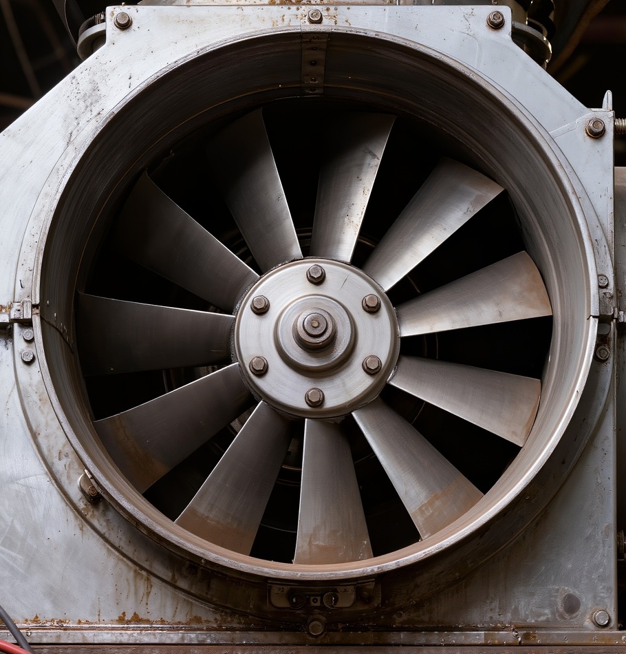 Large industrial fan used for high-volume air movement, ventilation, and airflow in an industrial facility.