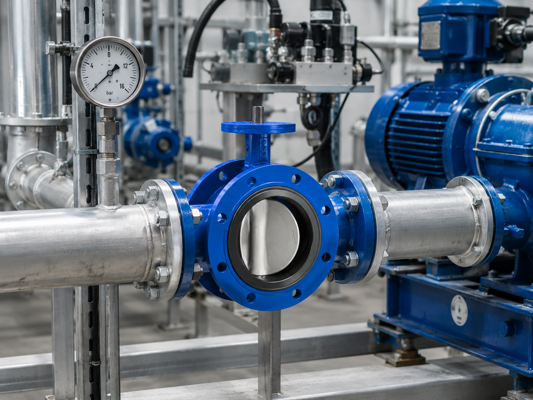 Industrial valves — ball, gate, globe, butterfly and check — in a process piping system.