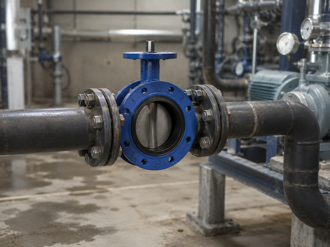 Industrial butterfly valve with a rotating disc positioned inside the fluid flow path.