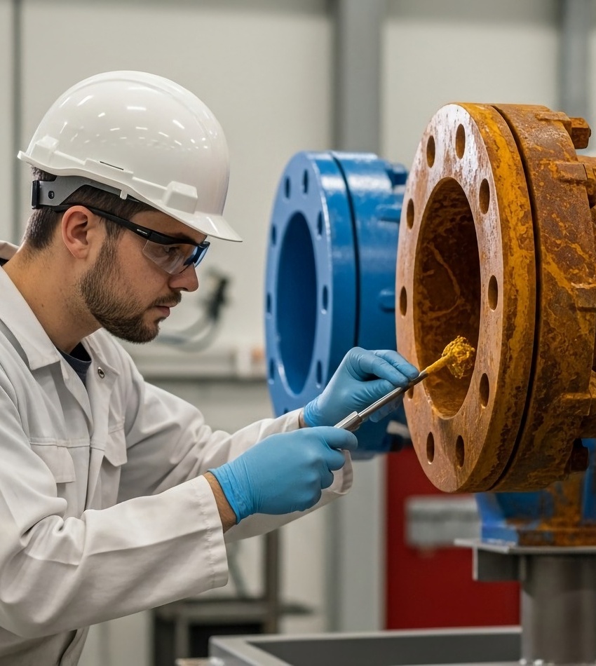 Technician inspecting a corroded industrial flanged valve used in a fluid handling system.