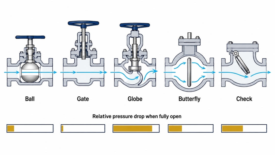 Five valve cross-sections compare fully open flow paths for ball, gate, globe, butterfly, and check valves, with unnumbered bars showing relative pressure drop.