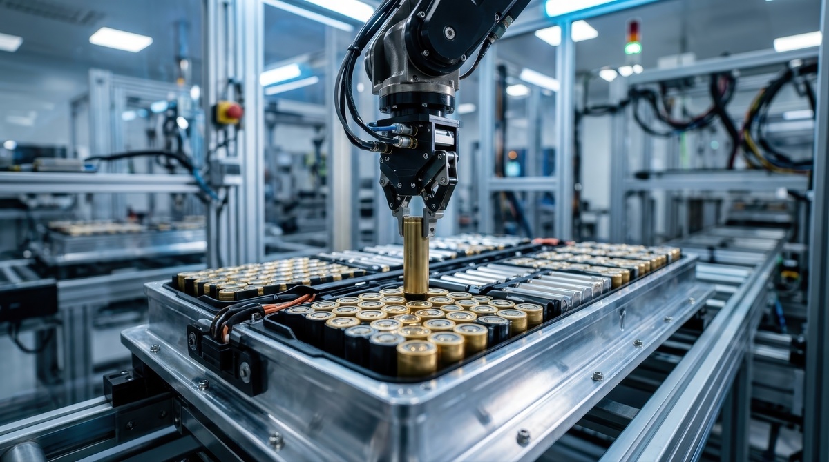Integrated industrial robotic cell handling parts in a manufacturing process.