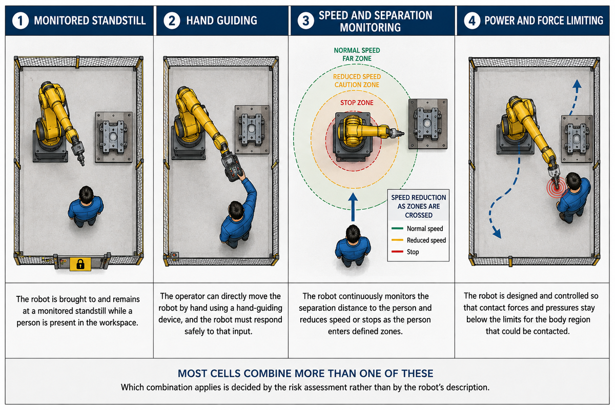 Four-panel diagram showing collaborative robot safety modes: monitored standstill, hand guiding, speed and separation monitoring, and power and force limiting, with a person, robot, and workpiece illustrating each interaction.