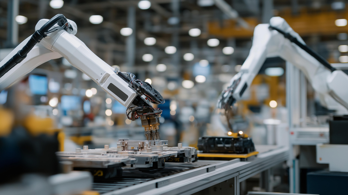 Industrial six-axis robot arm with end-of-arm tooling working in an automated production cell on a factory floor.