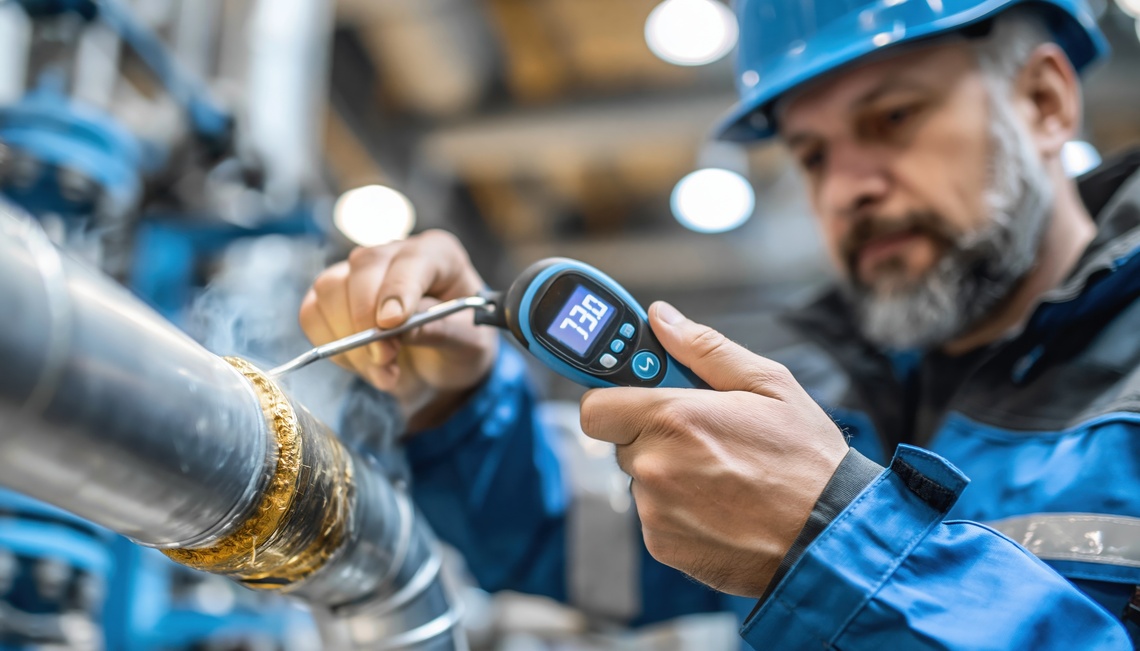 Industrial technician measuring pipe temperature with digital thermometer