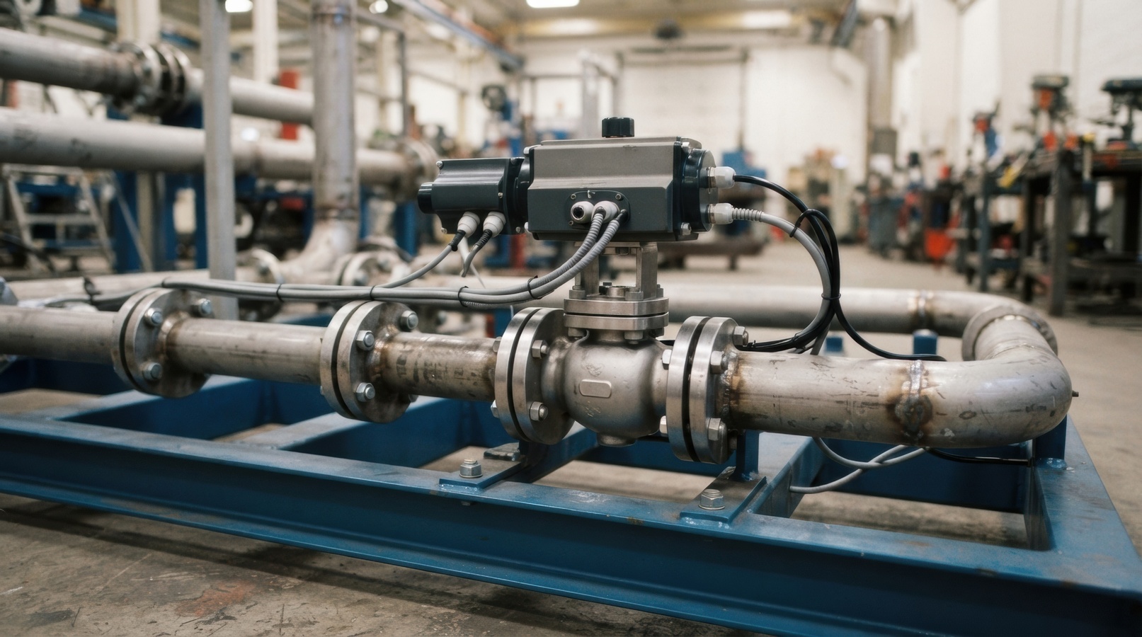 Industrial sensors mounted on a stainless steel piping system for monitoring and controlling process conditions in a manufacturing facility.