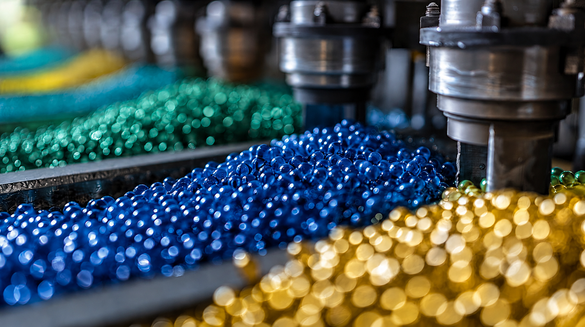 Plastic resin pellets used as raw material for injection molding production.