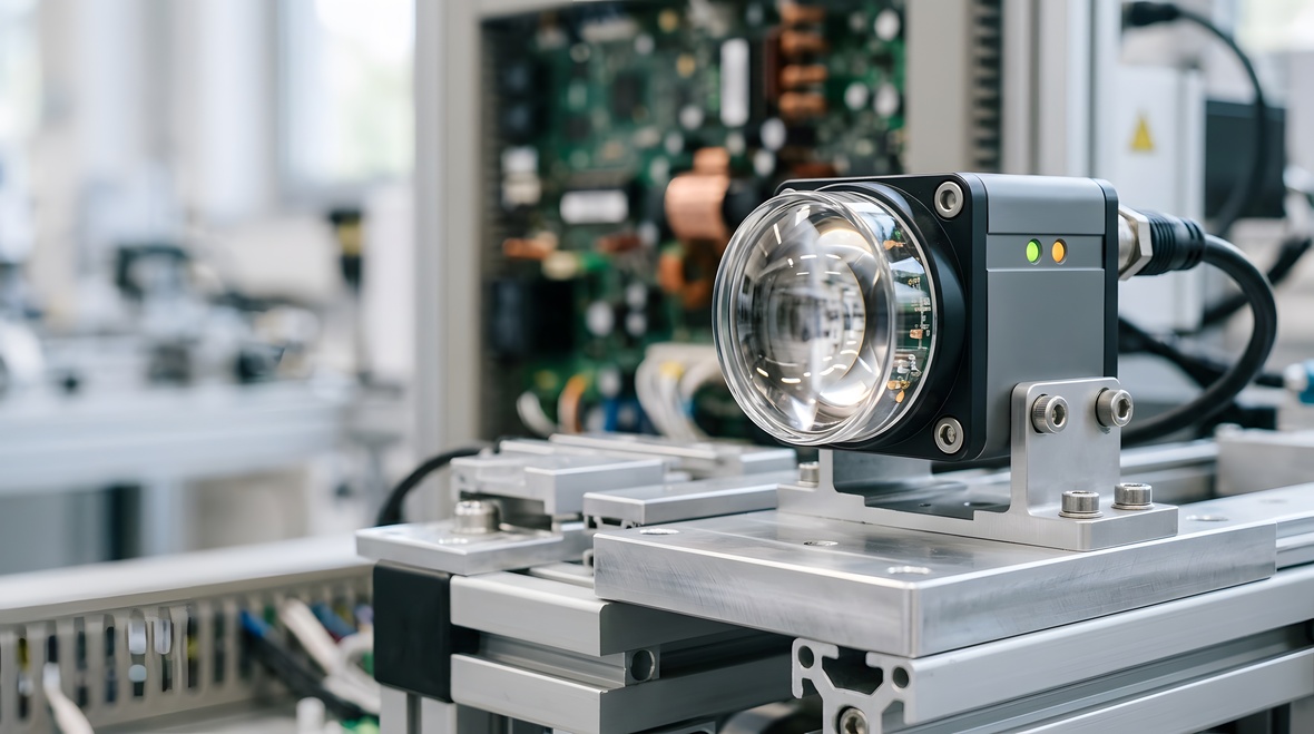 Close-up of an industrial machine vision camera with an integrated lens mounted on an automated inspection system for precision imaging and quality control.