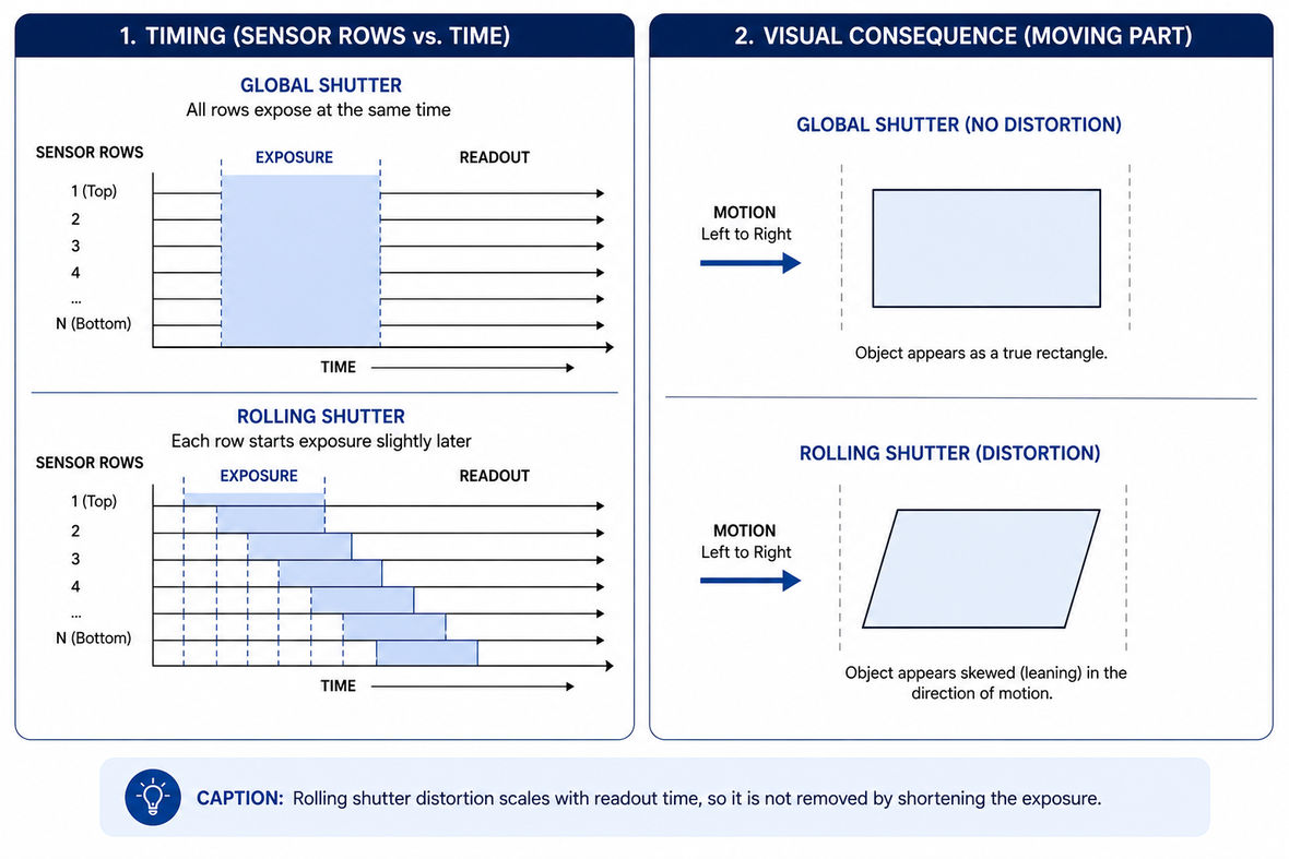 Diagram comparing global and rolling shutters, showing simultaneous versus row-by-row exposure timing and the resulting rectangular versus skewed moving object.