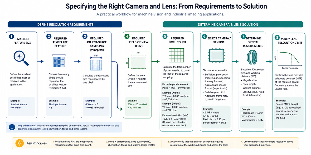 Horizontal flowchart showing the machine vision camera and lens specification process, from smallest feature size and required pixels per feature.