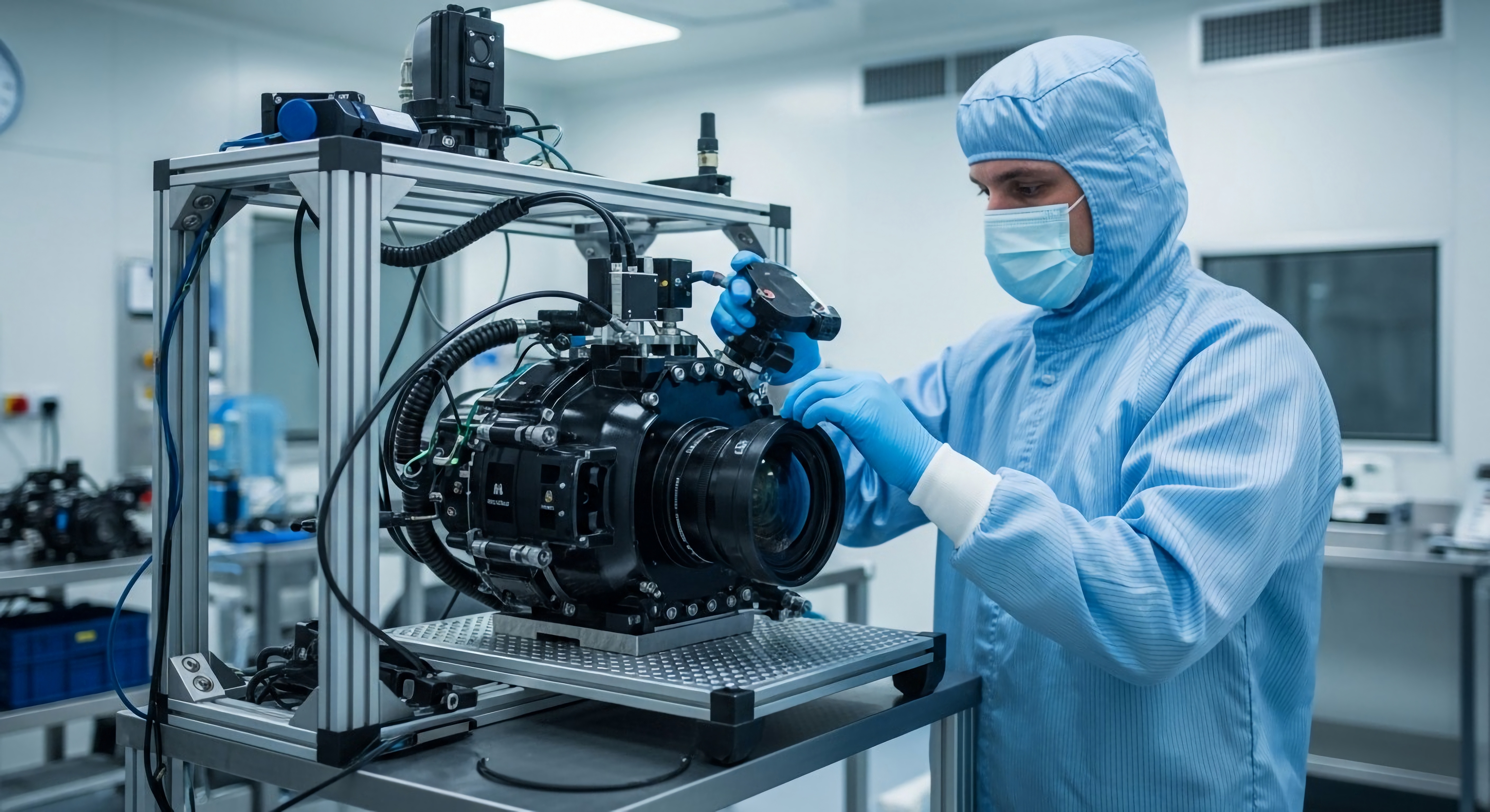 Gowned operators assembling medical devices in a controlled cleanroom manufacturing environment.