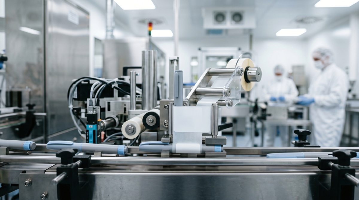 Gowned operators assembling medical device components in a controlled cleanroom manufacturing environment.