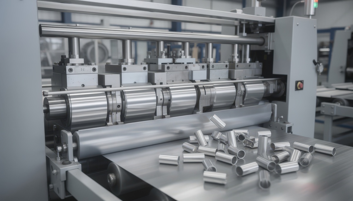 Multi-station progressive die used to form stamped metal components.