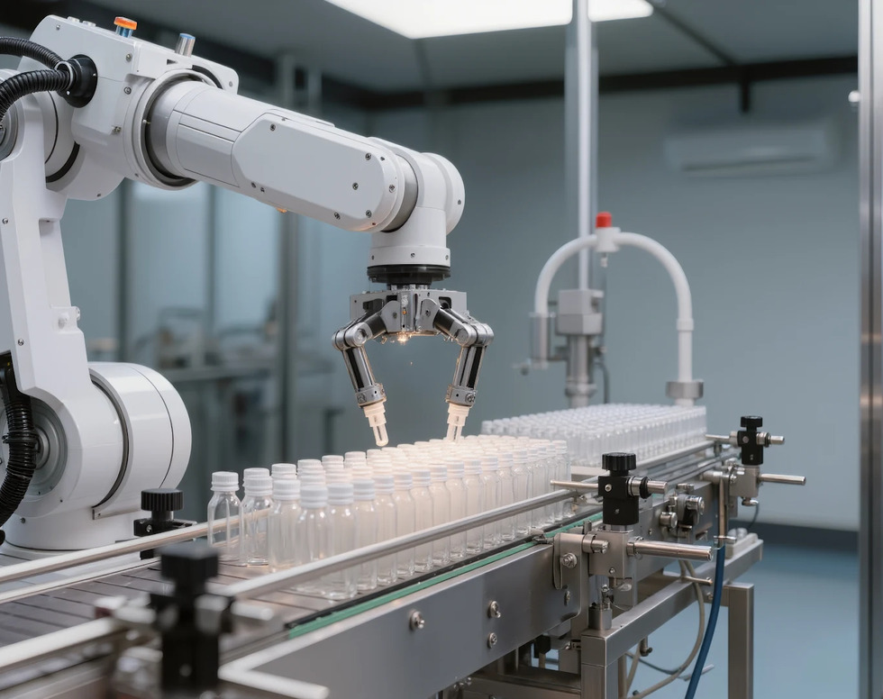 Industrial robotic arm with a precision gripper handling a machined metal component in an automated motion control and manufacturing system.