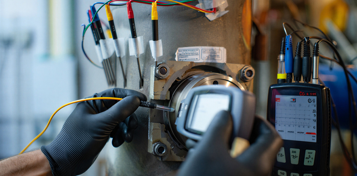 Technician measuring the operating performance of an industrial electric motor.