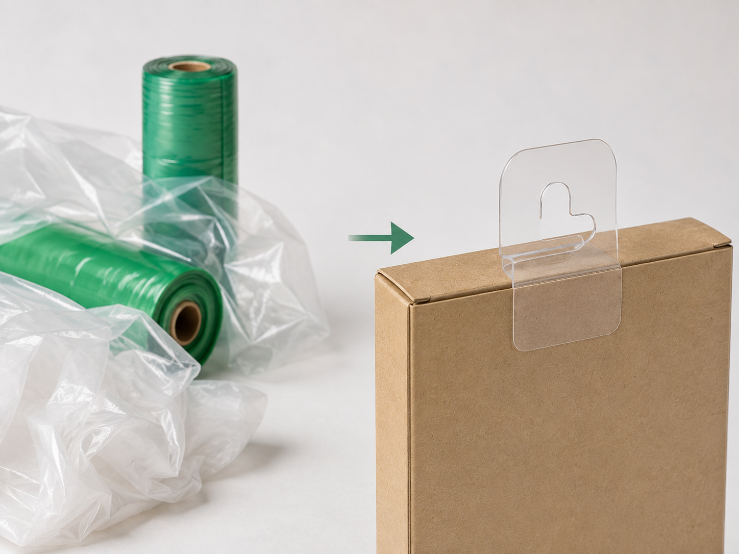 A hanging pack surrounded by callouts to the eight variables that determine whether the geometry works, from package stiffness and tear strength through hook profile, fixture type, and anticipated handling, with a side panel of three example hole shapes labeled as examples, not a compatibility system.