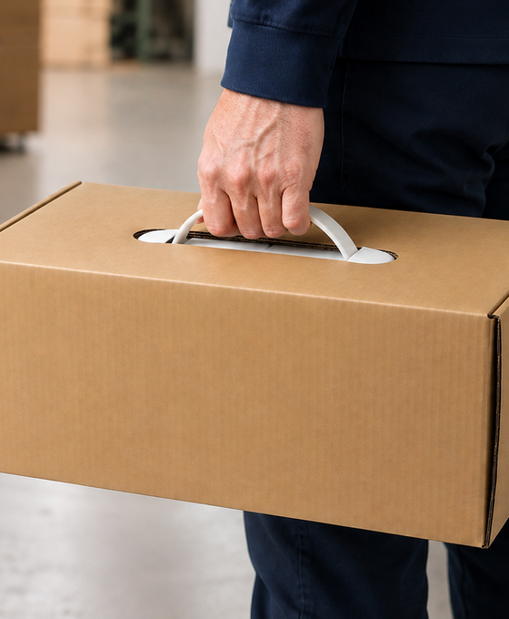 Person carrying a corrugated cardboard packaging box by its built-in plastic handle in a warehouse environment.