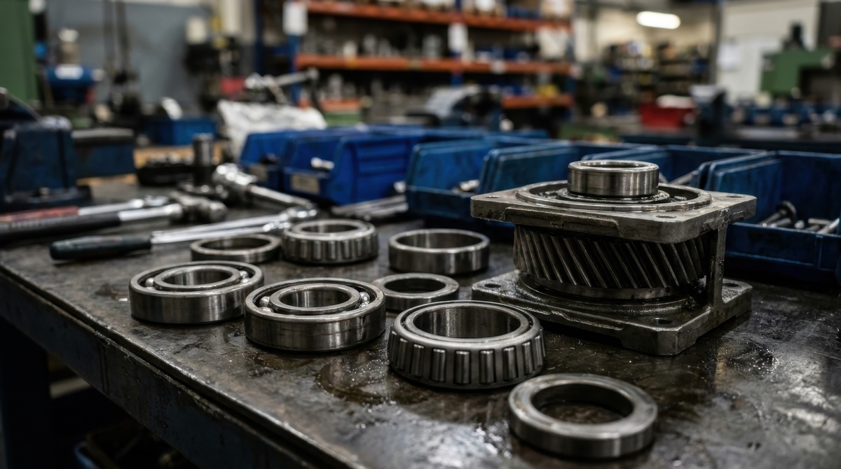 Industrial gearbox, coupling, shaft, and bearings forming a mechanical drivetrain.