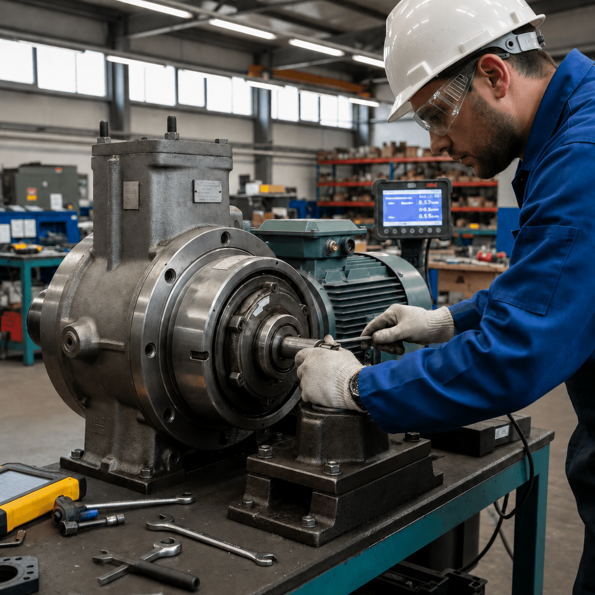 Technician checking alignment on an industrial gearbox and coupling assembly.