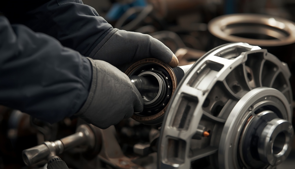 Technician installing a rolling-element bearing on an industrial shaft.