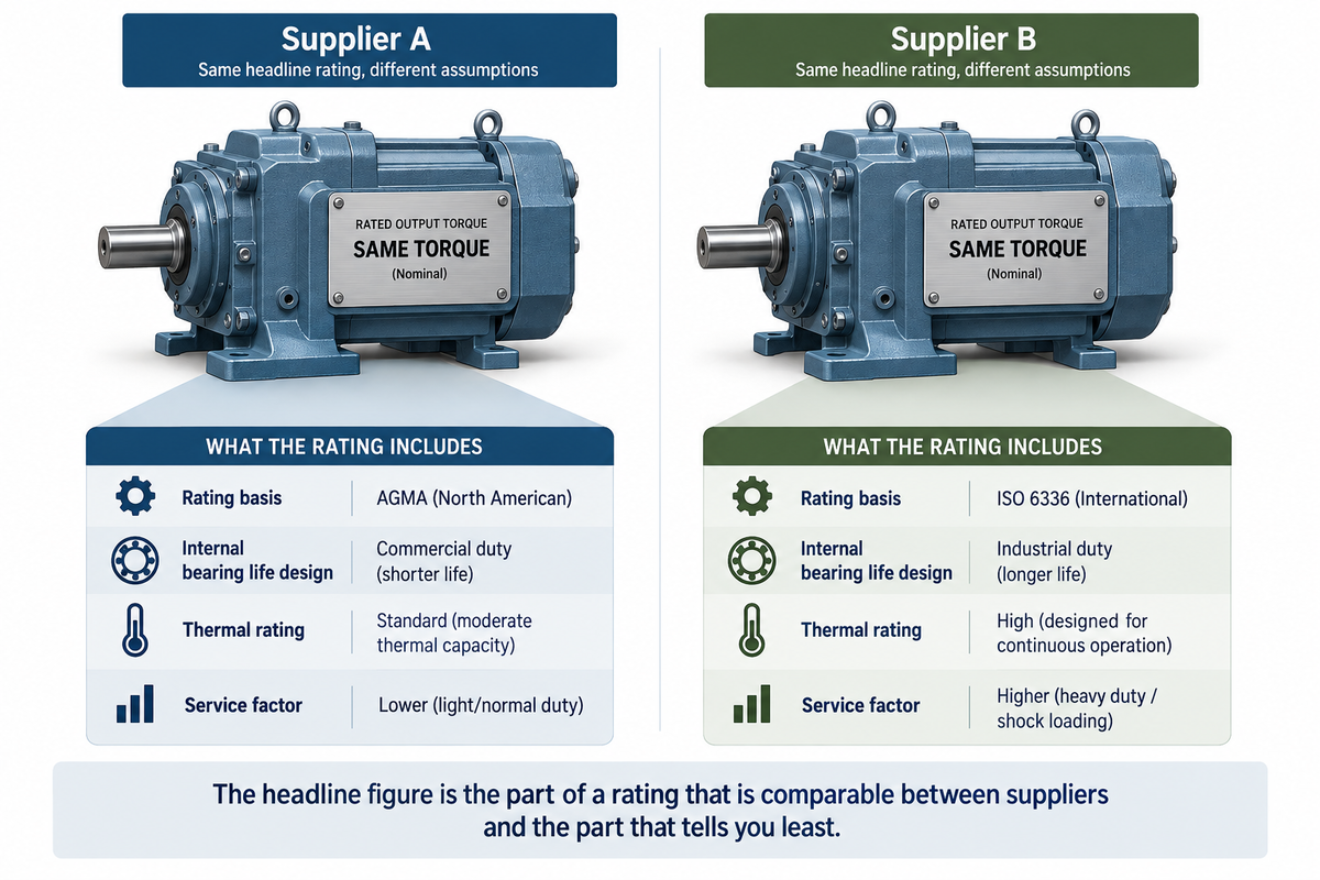 Side-by-side comparison of two industrial gearboxes with the same nominal torque rating. Expanded panels show different rating bases, internal bearing life designs, thermal ratings, and service factors, illustrating why identical catalog torque figures may represent different real capabilities.