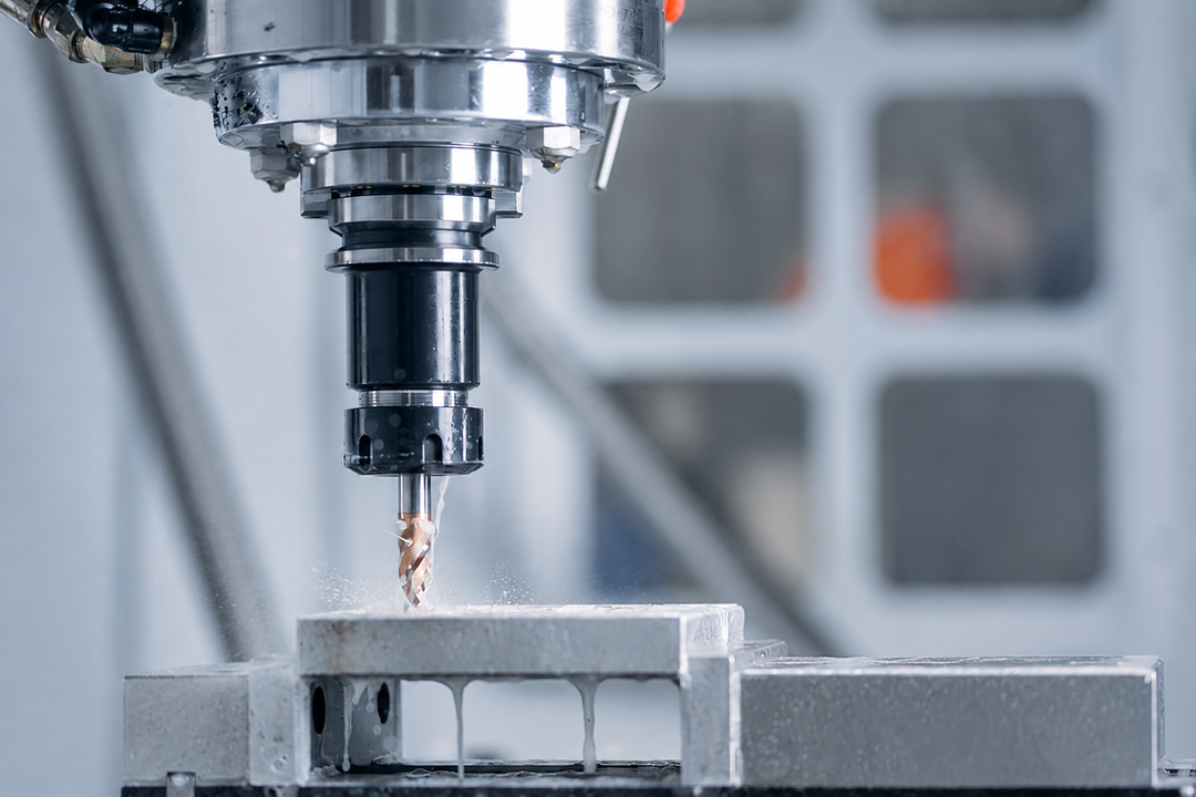 Precision CNC machining of a metal part on a multi-axis machining center.