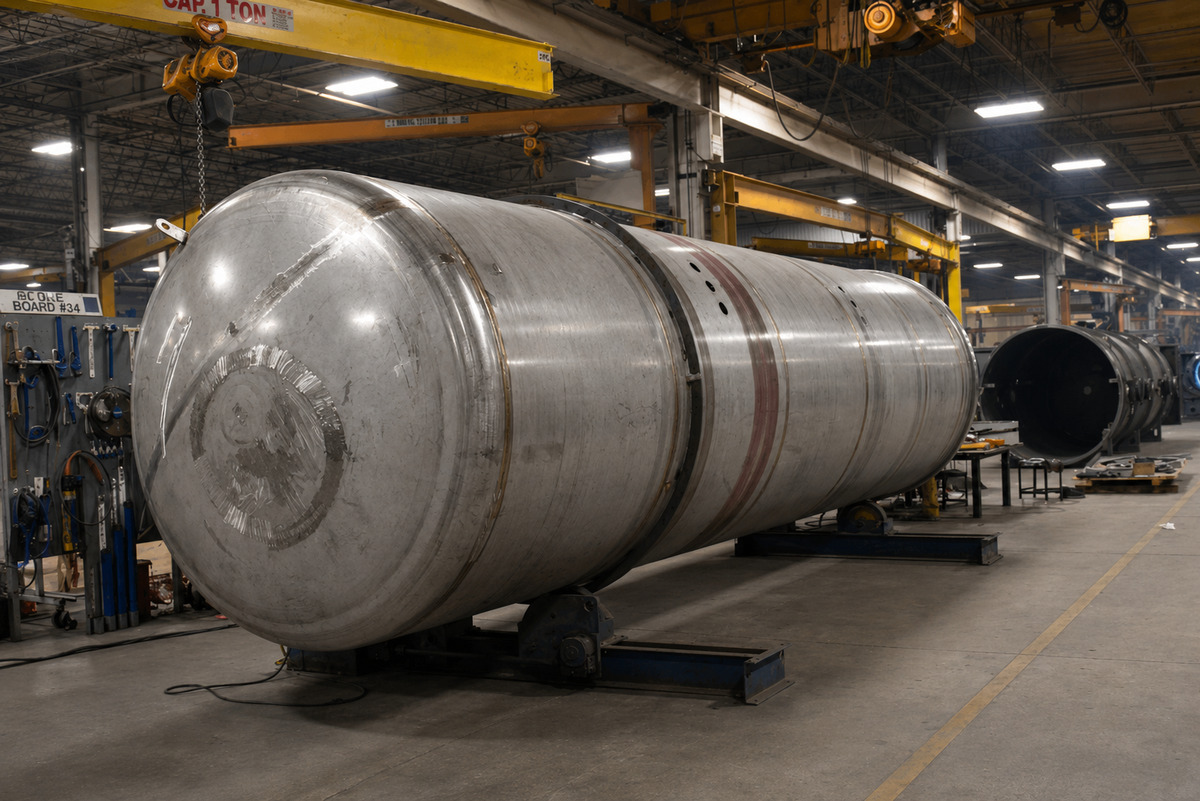 Industrial pressure vessel under fabrication in a heavy manufacturing facility.