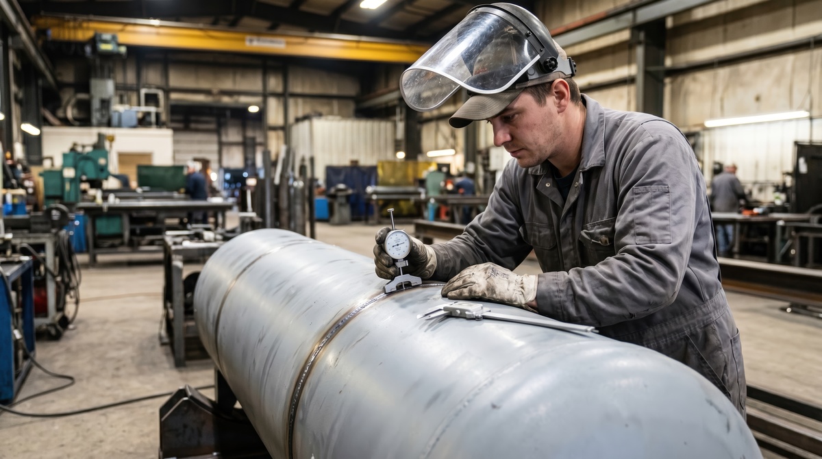 Inspector checking a pressure vessel during fabrication and quality verification.