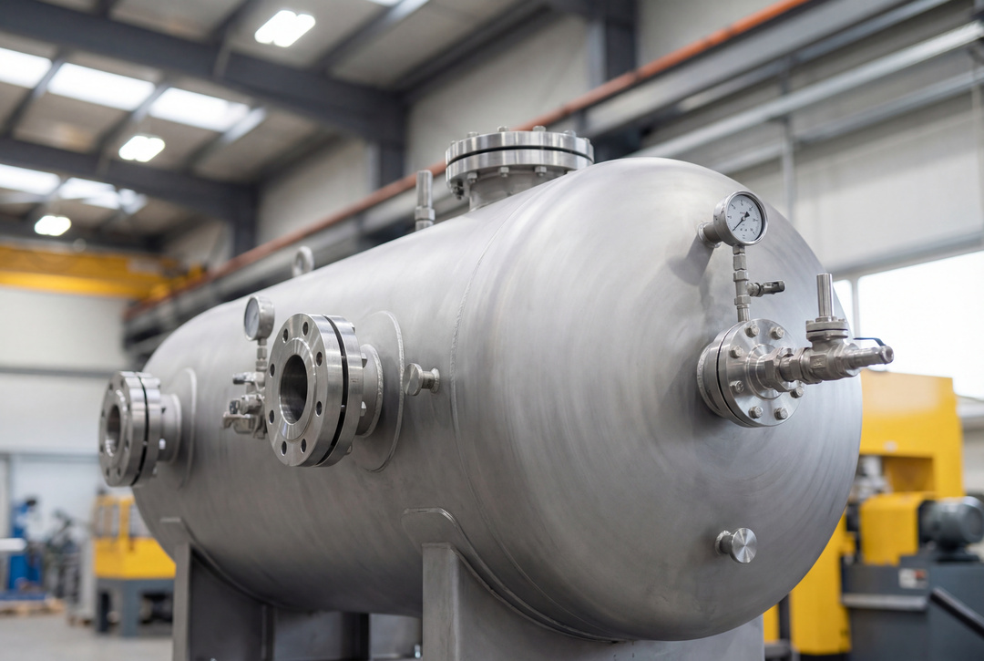 Technician inspecting a fabricated industrial pressure vessel before final certification.