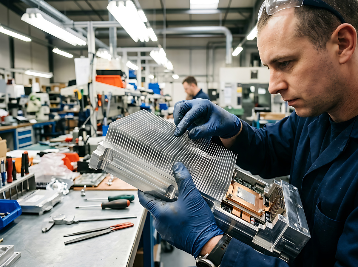 Technician inspecting electric heating elements used in an industrial process system.