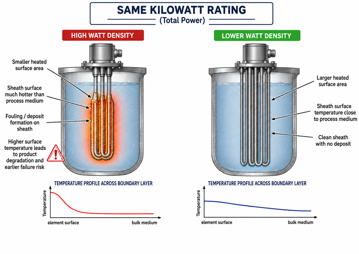 Side-by-side comparison of two electric immersion heaters with the same kilowatt rating. A high-watt-density heater uses fewer, shorter elements, creating a hotter sheath, deposits, and a steeper temperature gradient, while a lower-watt-density heater uses more heated surface area for a cooler, cleaner sheath and gentler temperature gradient.