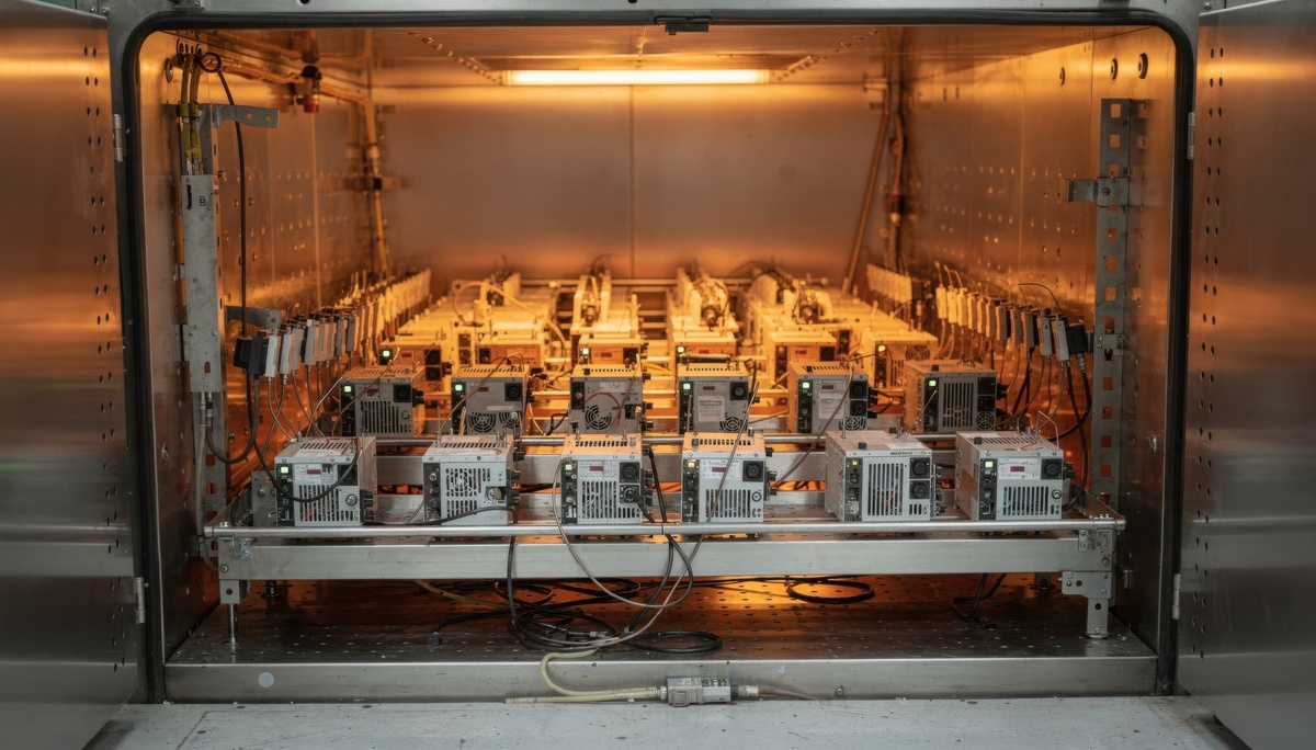 Industrial oven undergoing temperature uniformity testing with multiple temperature sensors.
