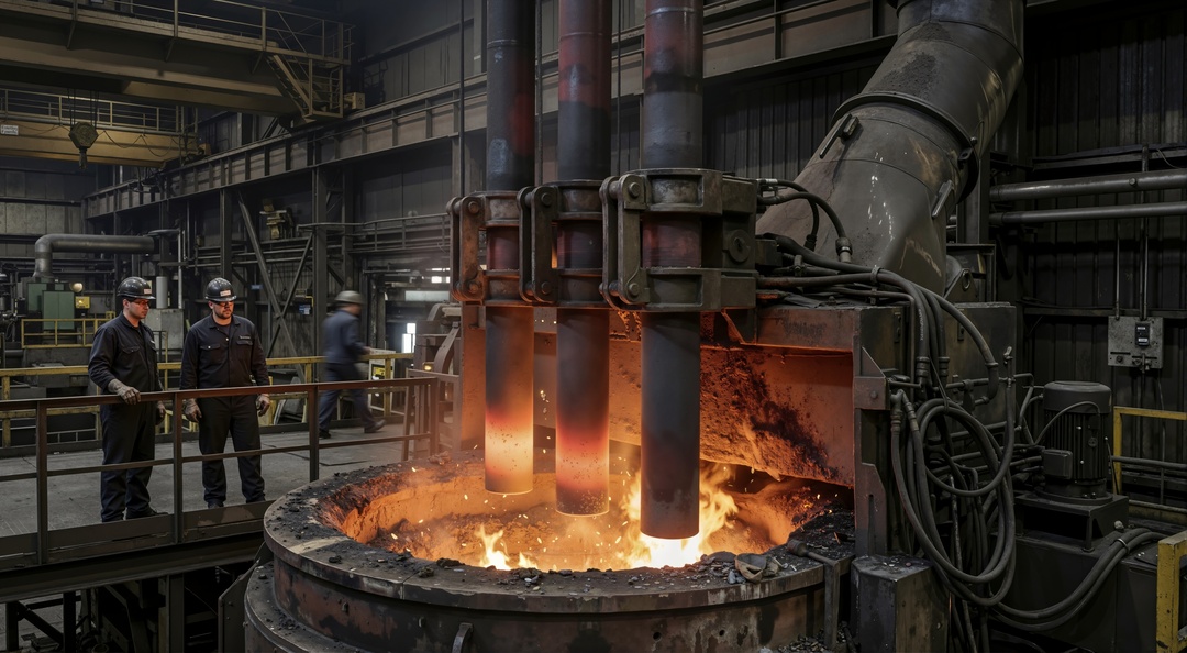 Industrial process heating furnace operating at high temperatures while workers monitor equipment in a heavy manufacturing facility.