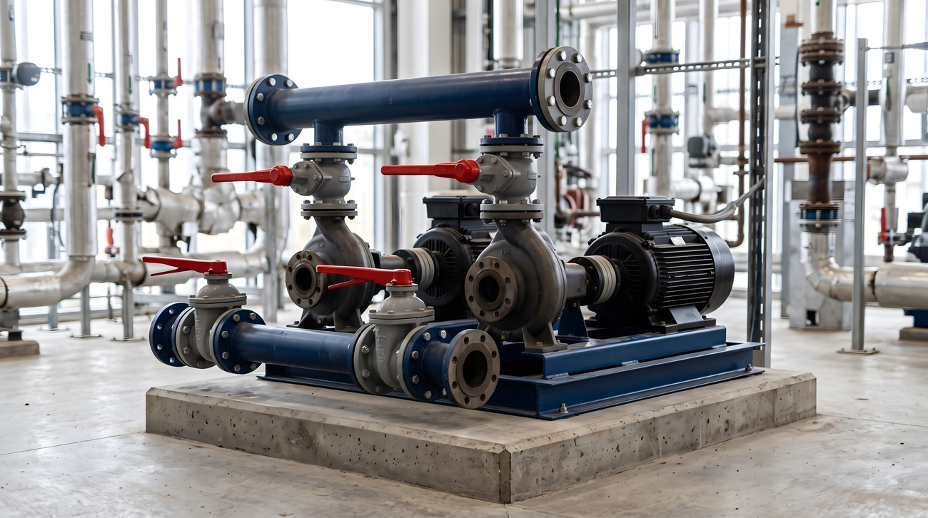 Industrial pump skid with suction and discharge piping, valves and instrumentation