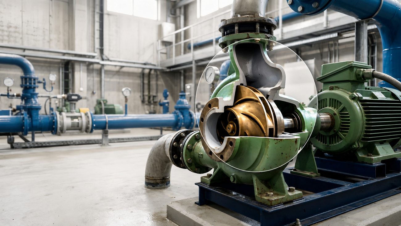 Centrifugal pump cutaway showing the impeller and volute casing