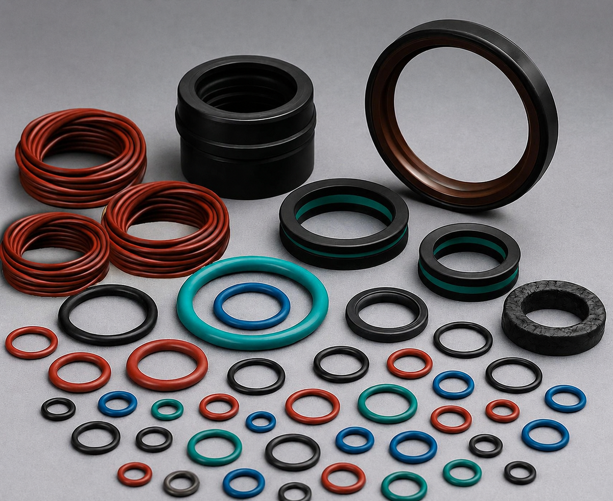 Assortment of industrial seals and gaskets used in chemical, thermal, and pressure service.