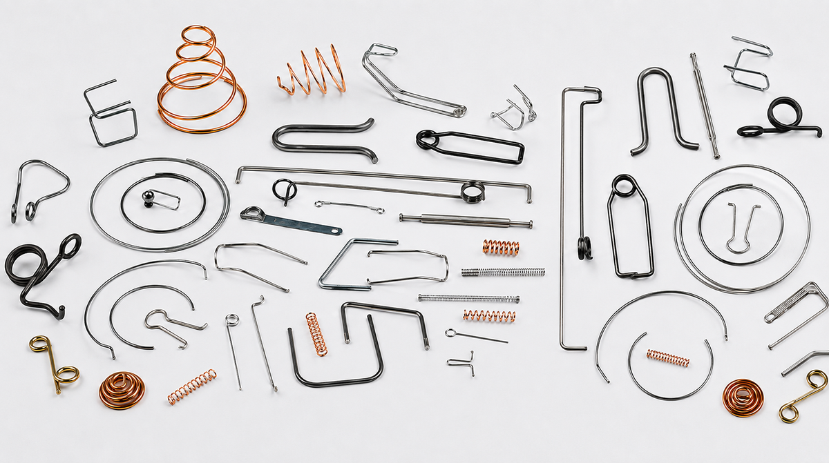 Assortment of compression, extension, torsion springs, and custom wire forms.
