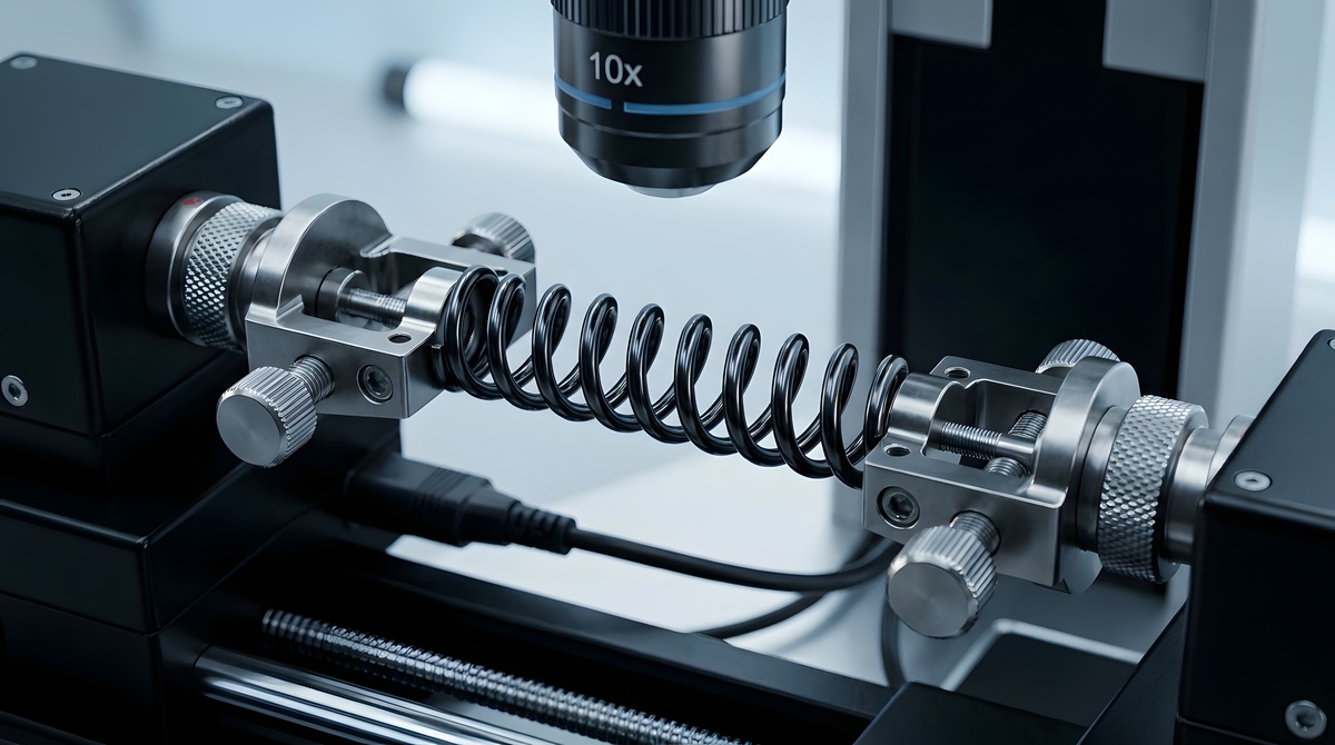 Testing the load and dimensional performance of an industrial spring.