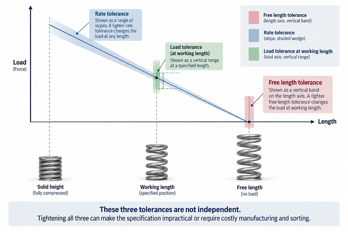 Load-versus-length diagram for a compression spring showing rate tolerance as a shaded slope range, load tolerance as a vertical range at the working length, and free-length tolerance as a vertical band at the unloaded length. The diagram illustrates that these three tolerances are interdependent and cannot all be tightened independently.