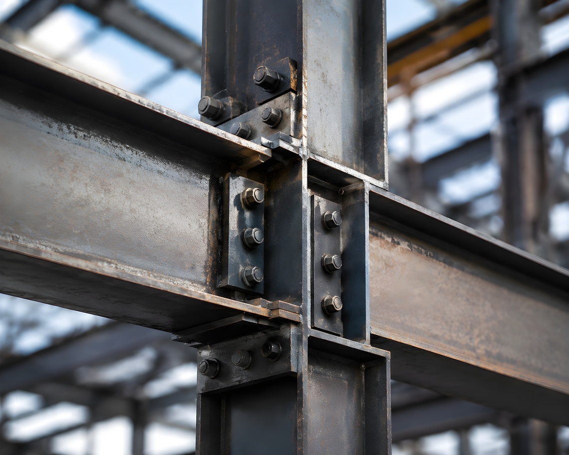 Close-up of a structural steel beam-to-column connection secured with high-strength bolts and connection plates.