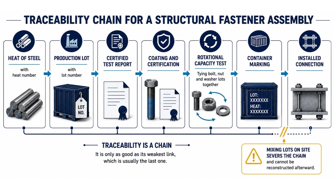 A left-to-right traceability chain follows structural fasteners from steel heat and production lot through certification, coating, rotational capacity testing, container marking and installation. A break before installation shows how mixing lots on site severs traceability.