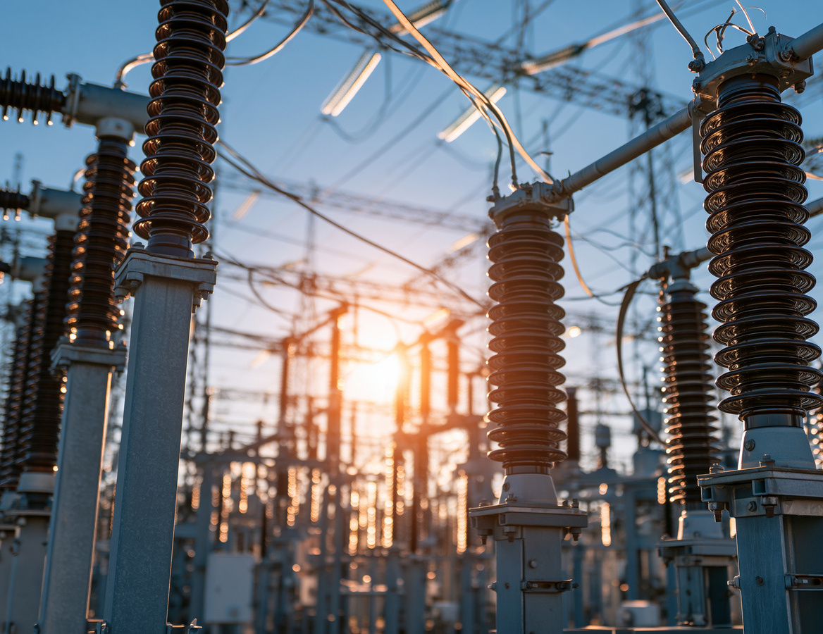 Electrical power substation with high-voltage transformers and switchgear equipment used to convert and distribute power