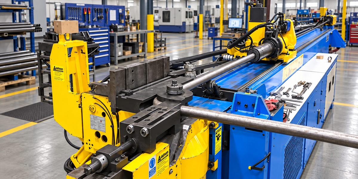 Rotary draw bending machine forming metal tubing around a bend die during fabrication.