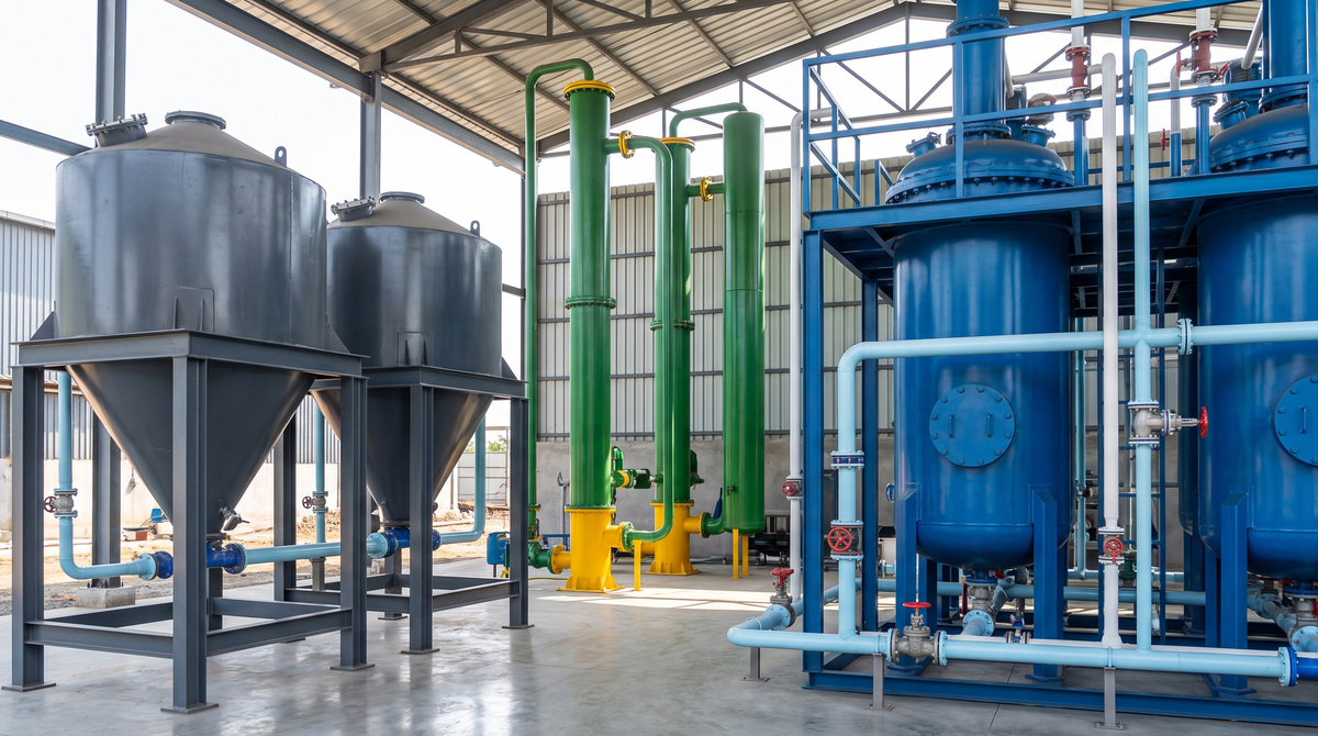 Industrial water treatment system with pressure vessels, process piping, instrumentation, and controls.