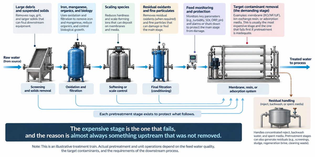 Industrial water treatment train showing raw water passing through screening and solids removal, oxidation and filtration, softening or scale control, final conditioning, and feed monitoring before a demanding membrane, resin, or adsorption stage. Arrows show each pretreatment step protecting the downstream treatment stage, while a separate residual-handling branch accounts for reject, backwash, spent media, and other treatment residuals.
