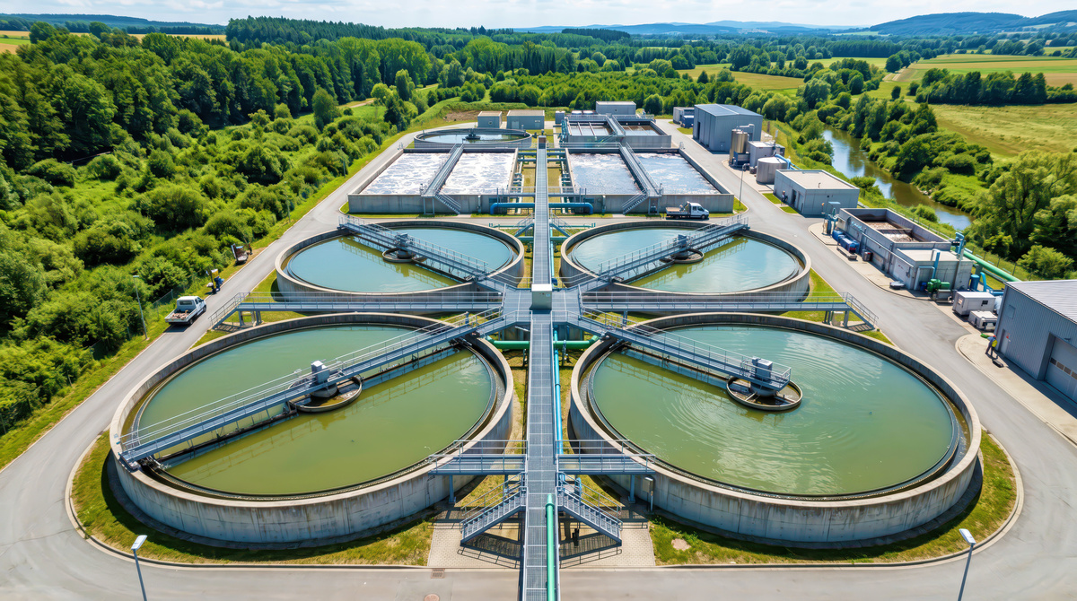Industrial wastewater treatment system with chemical dosing, process instrumentation, neutralization equipment, and separation stages.