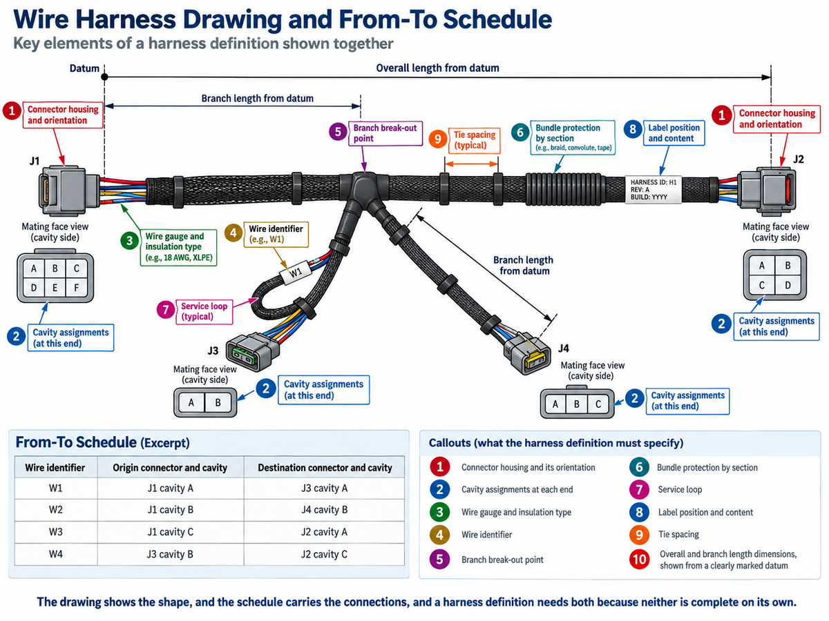 Flat wire harness drawing with callouts identifying connector housings and orientation, cavity assignments, wire gauge and insulation, wire identifiers, branch break-out points, bundle protection, service loop, label position, tie spacing, and length dimensions from a defined datum. A nearby from-to schedule links each wire identifier to its origin and destination connector cavities.