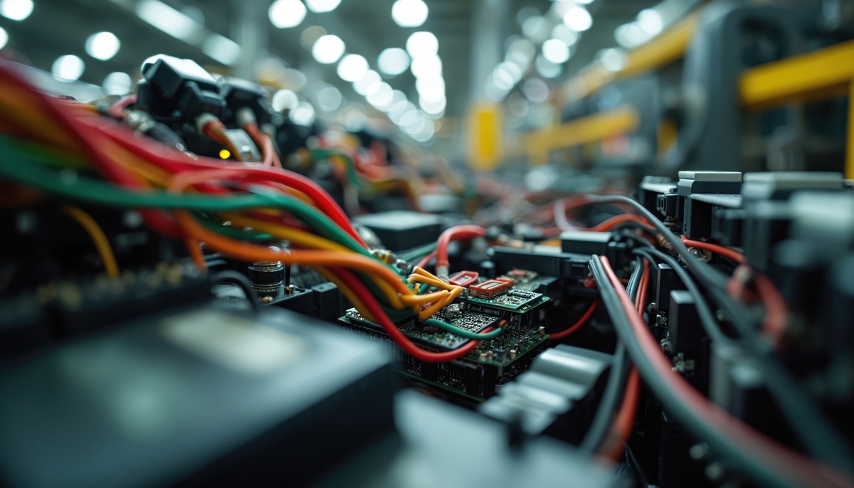 Technician assembling a branched wire harness on a full-scale production build board.